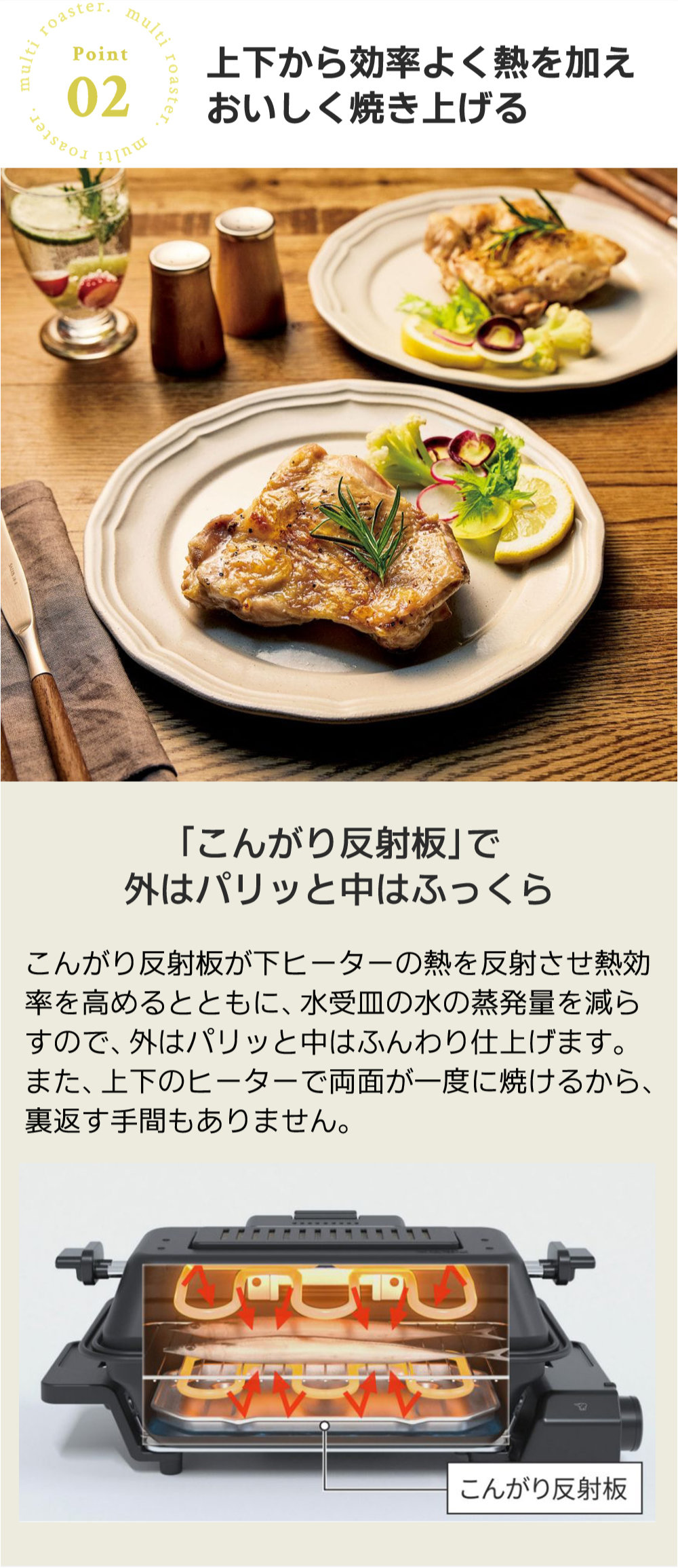 象印マルチロースター EF-WA30は上下から効率よく熱を加え、おいしく焼き上げる