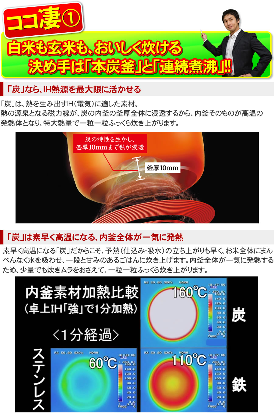 白米も玄米もおいしく炊ける、本炭釜と連続煮沸