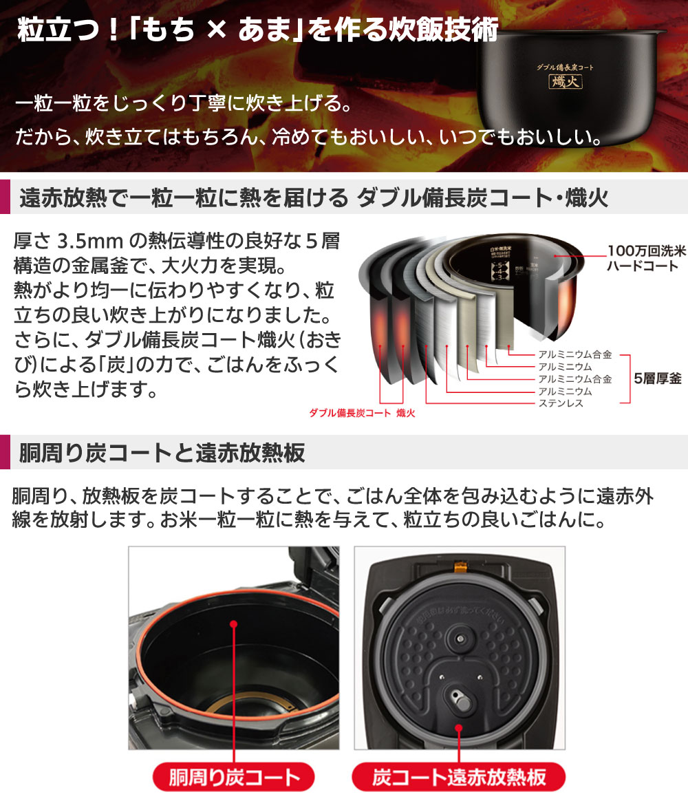 三菱電機ダブル備長炭コート熾火炭炊釜NJ-VP10H-Bの粒立つ「もち×あま」を作る炊飯技術