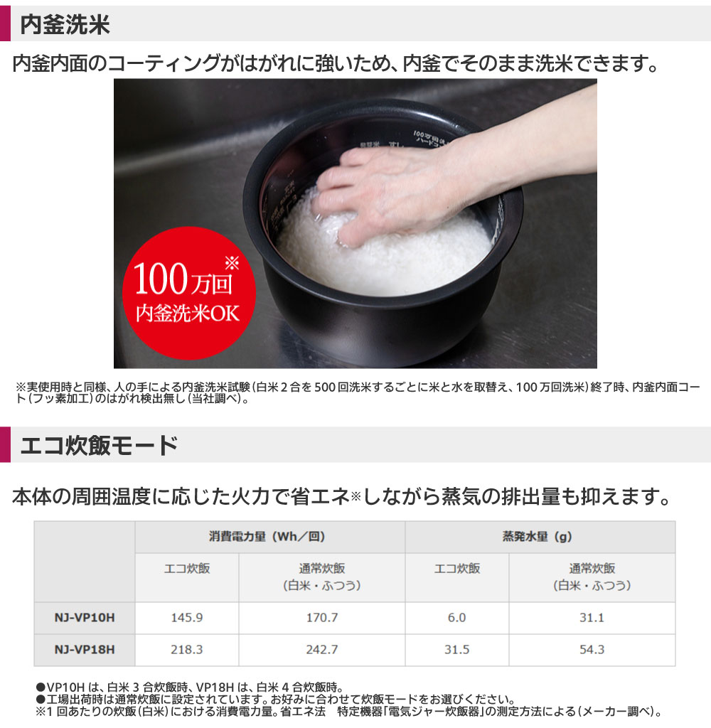 三菱電機ダブル備長炭コート熾火炭炊釜NJ-VP10H-Bは内釜内面コーティングがはがれに強いため、内釜でそのまま洗米できます！