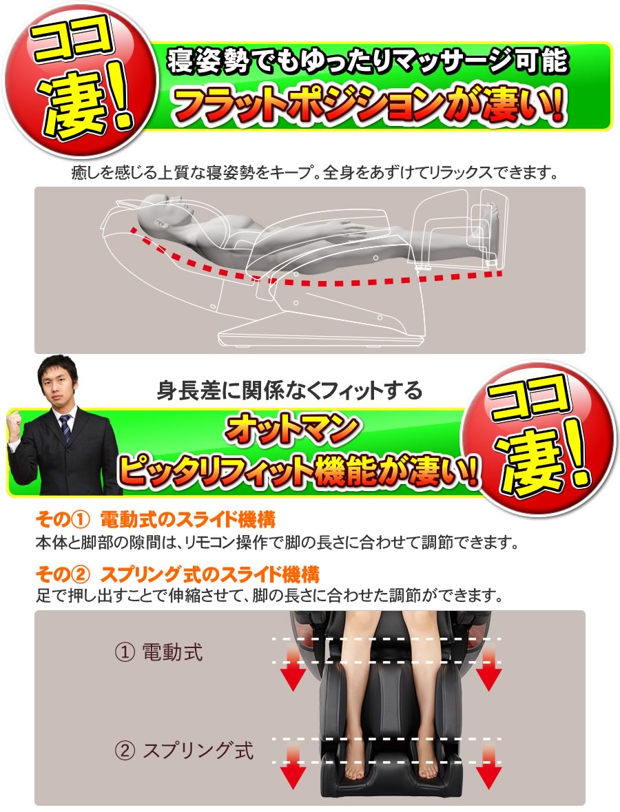 フジ医療器マッサージチェアSKS-7100のフラットポジション、オットマンピッタリフィットが凄い